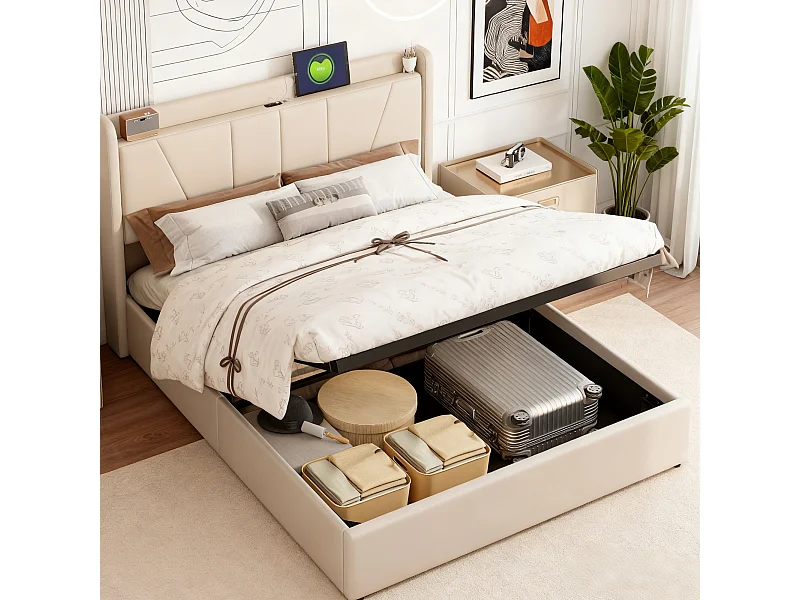 Lit 160x200 cm - NEXU - USB - cadre de lit coffre  Rangement Hydraulique - lit adutle 160x200 cm avec sommier à lattes - lit double  160x200 cm tissu en lin - beige