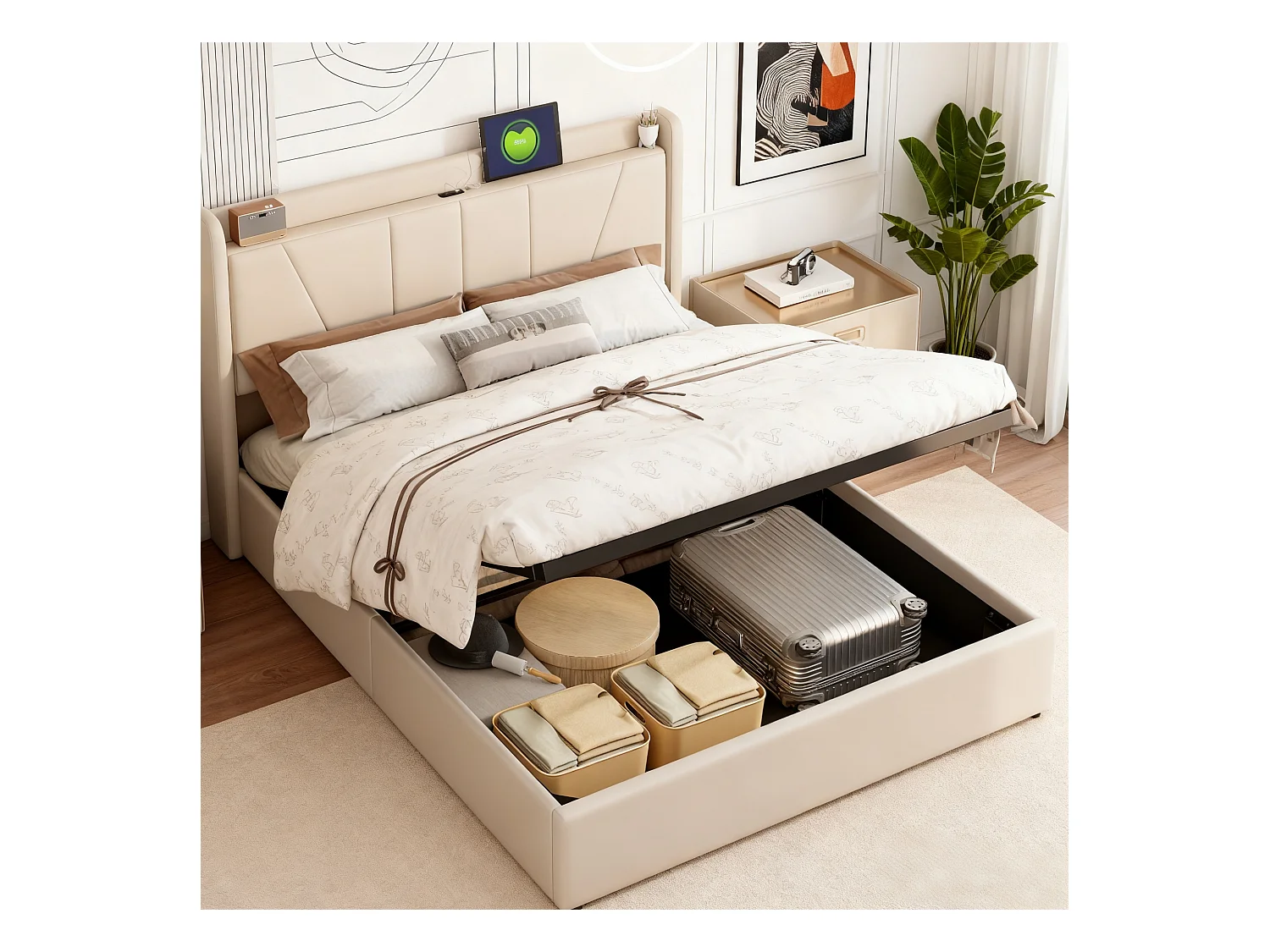 Lit 160x200 cm - NEXU - USB - cadre de lit coffre  Rangement Hydraulique - lit 160x200 cm tissu en lin - beige