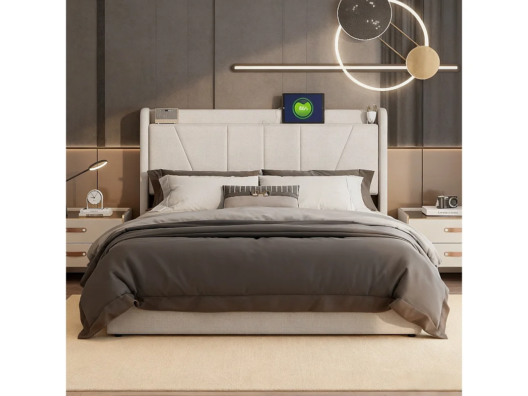 Lit coffre hydraulique 160 x 200 cm - NEXU - Lit double adulte avec sommier à lattes, port USB et rangement sous le lit - tissu effet lin beige