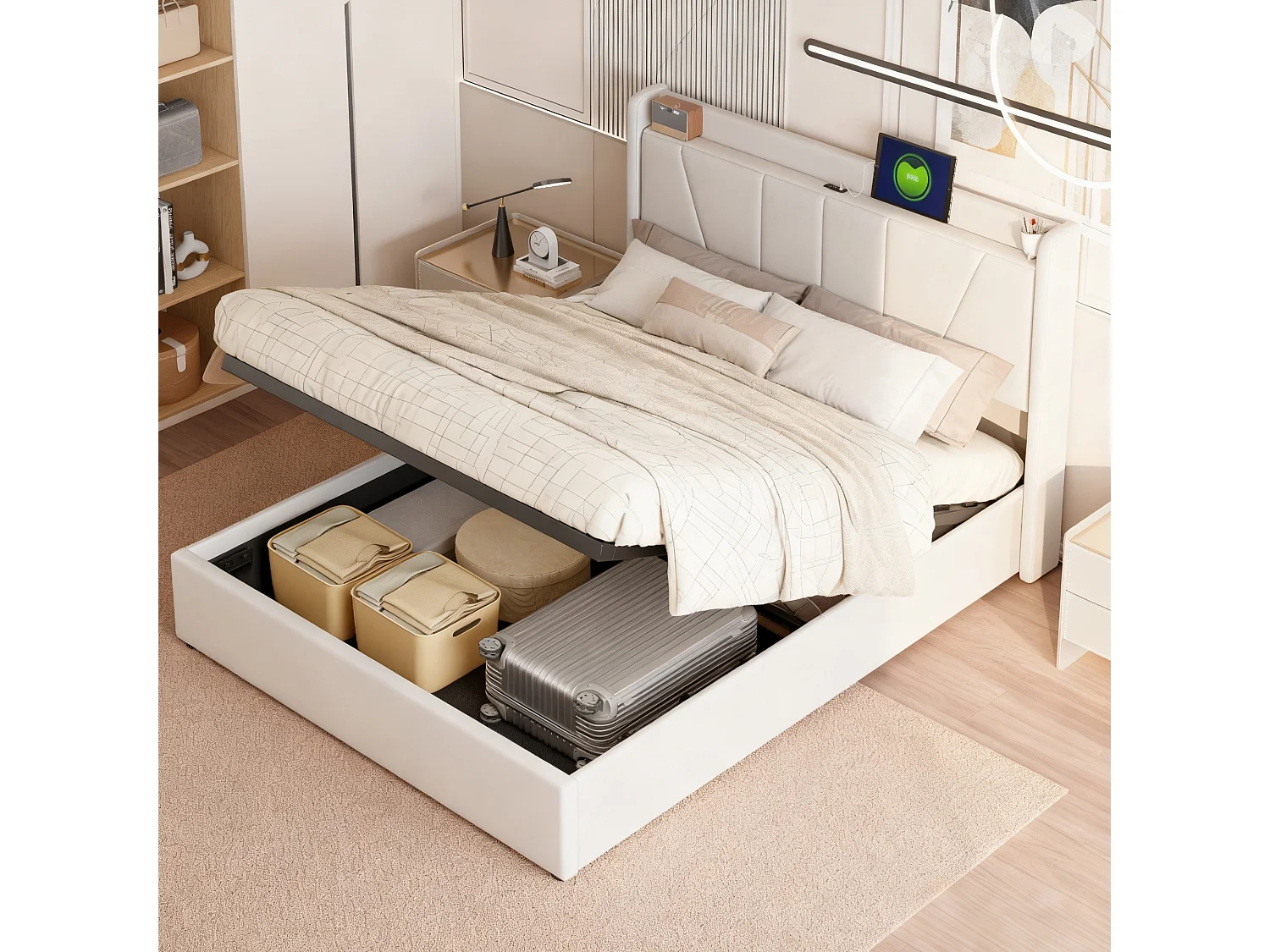 Lit coffre hydraulique 160 x 200 cm - NEXU - Lit double adulte avec sommier à lattes, port USB et rangement sous le lit - tissu effet lin beige