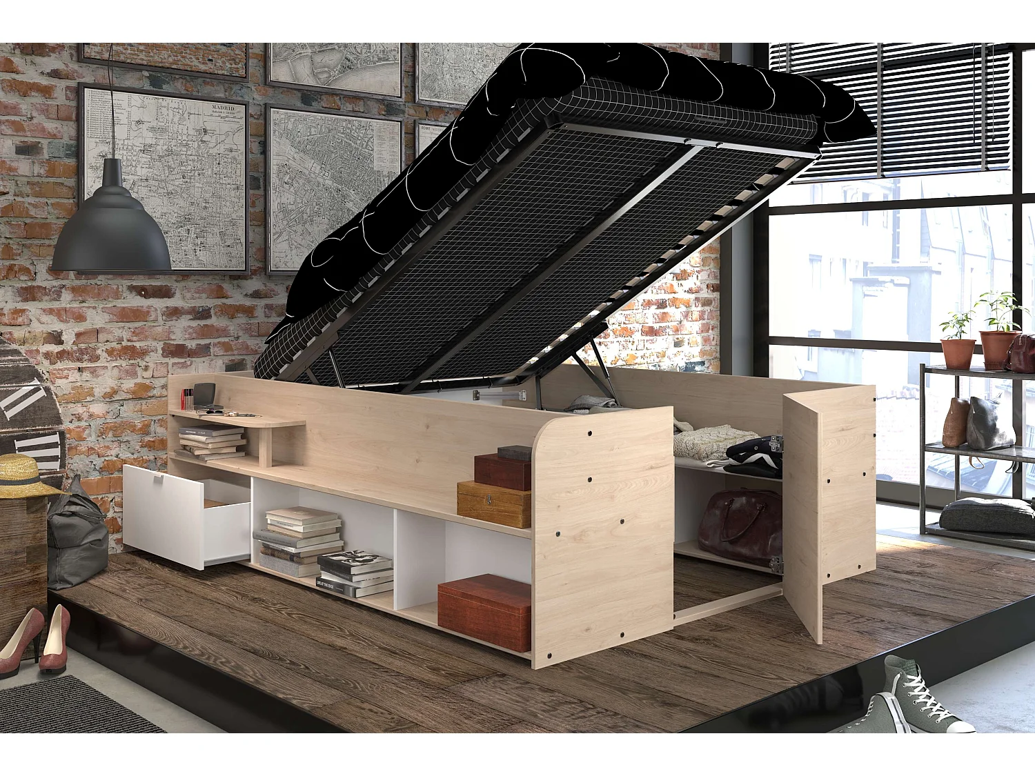 Cama convertible Stratos base elevable Roble Jackson/blanco 168x66x209.5 cm