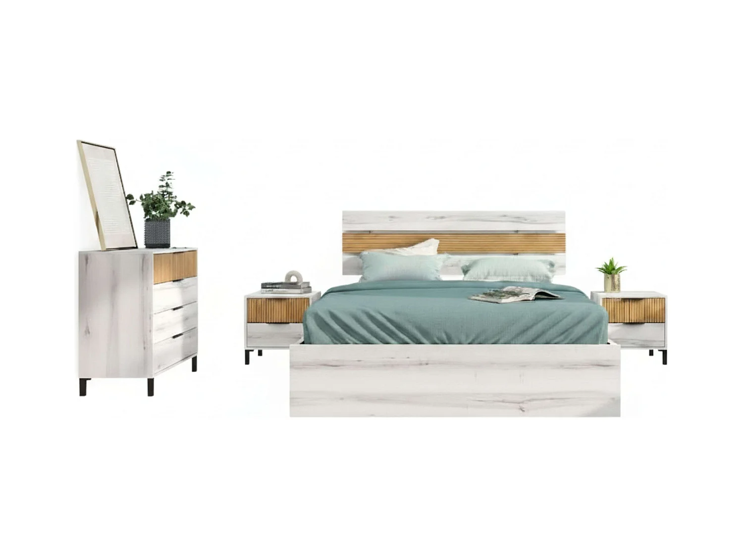 Conjunto Dormitorio Nórdico Blanco y Roble (Cama, Cabecero, Mesas, Cómoda)