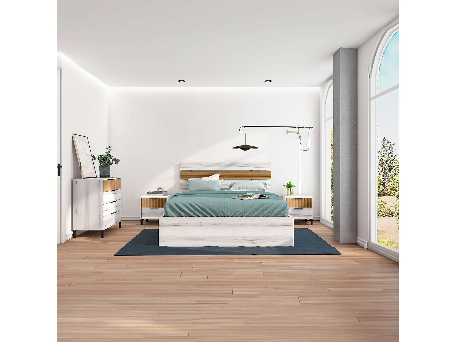 Conjunto Dormitorio Nórdico Blanco y Roble (Cama, Cabecero, Mesas, Cómoda)