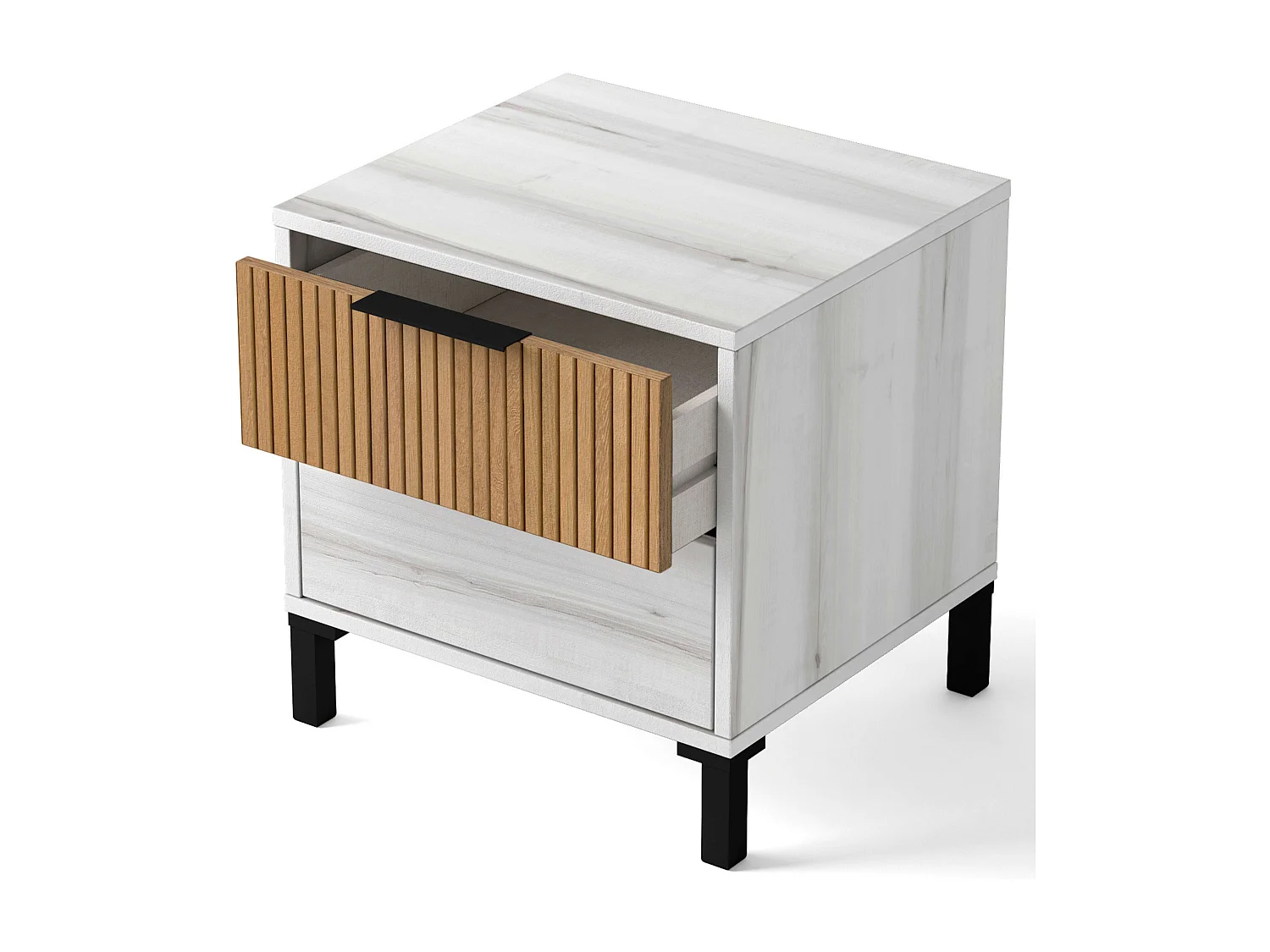 Conjunto Dormitorio Nórdico Blanco y Roble (Cama, Cabecero, Mesas, Cómoda)