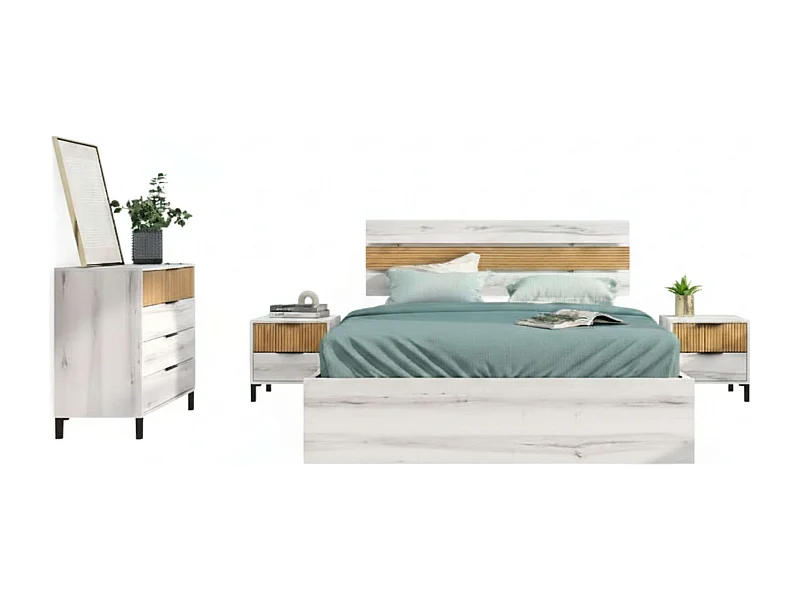 Conjunto Dormitorio Nórdico Blanco y Roble (Cama, Cabecero, Mesas, Cómoda)