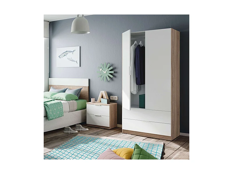 Pack Muebles Dormitorio Juvenil Luca Blanco y Roble: Armario, Cabecero, Mesita