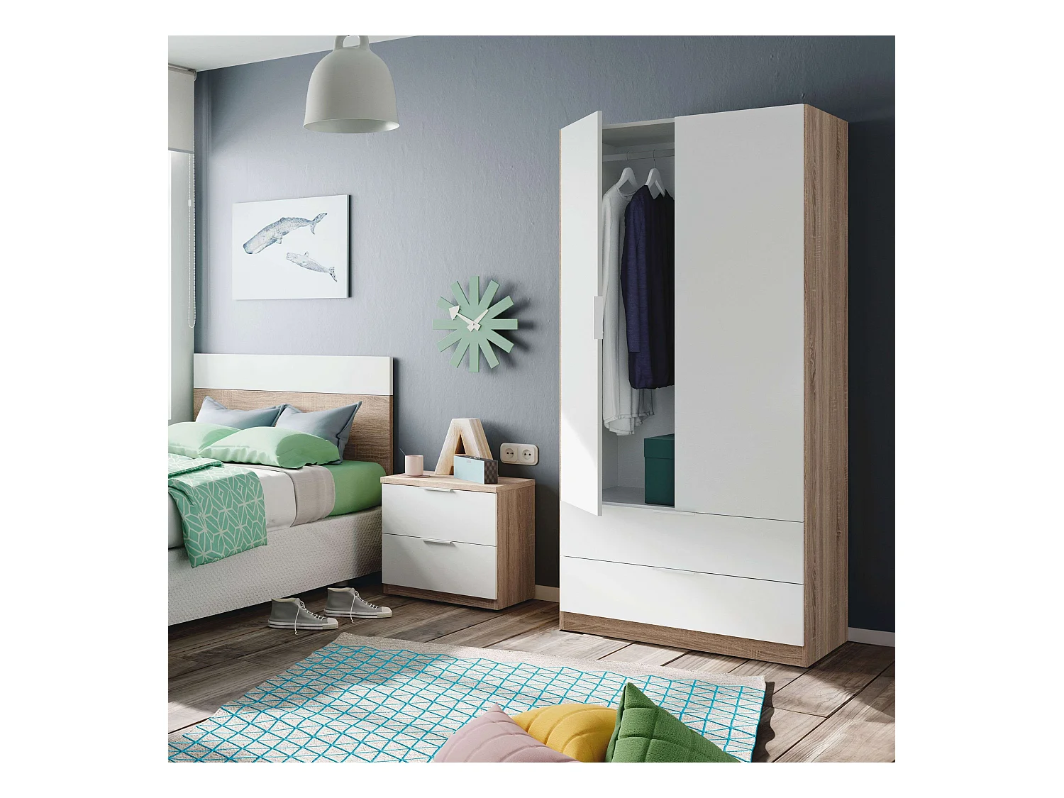 Pack Muebles Dormitorio Juvenil Luca Blanco y Roble: Armario, Cabecero, Mesita