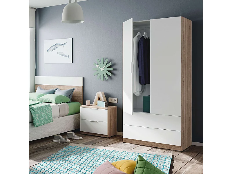 Pack Muebles Dormitorio Juvenil Luca Blanco y Roble: Armario, Cabecero, Mesita