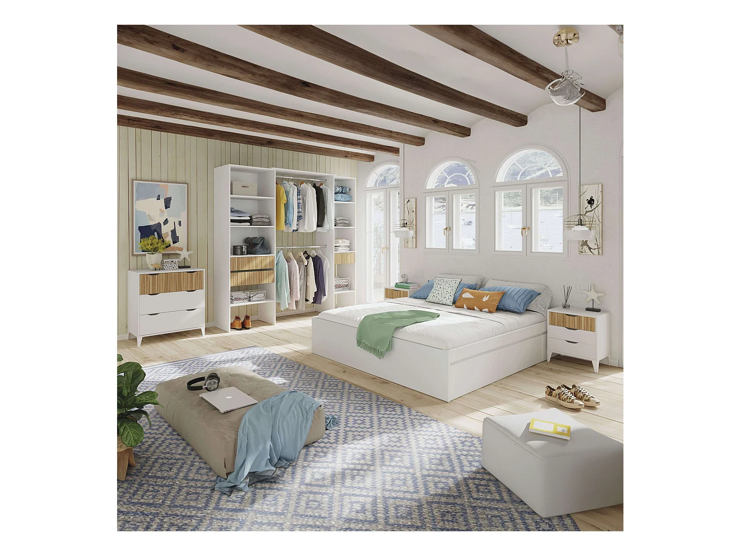 Pack Dorm Matrimonio con Vestidor Estilo Nórdico Roble Natur y Blanco