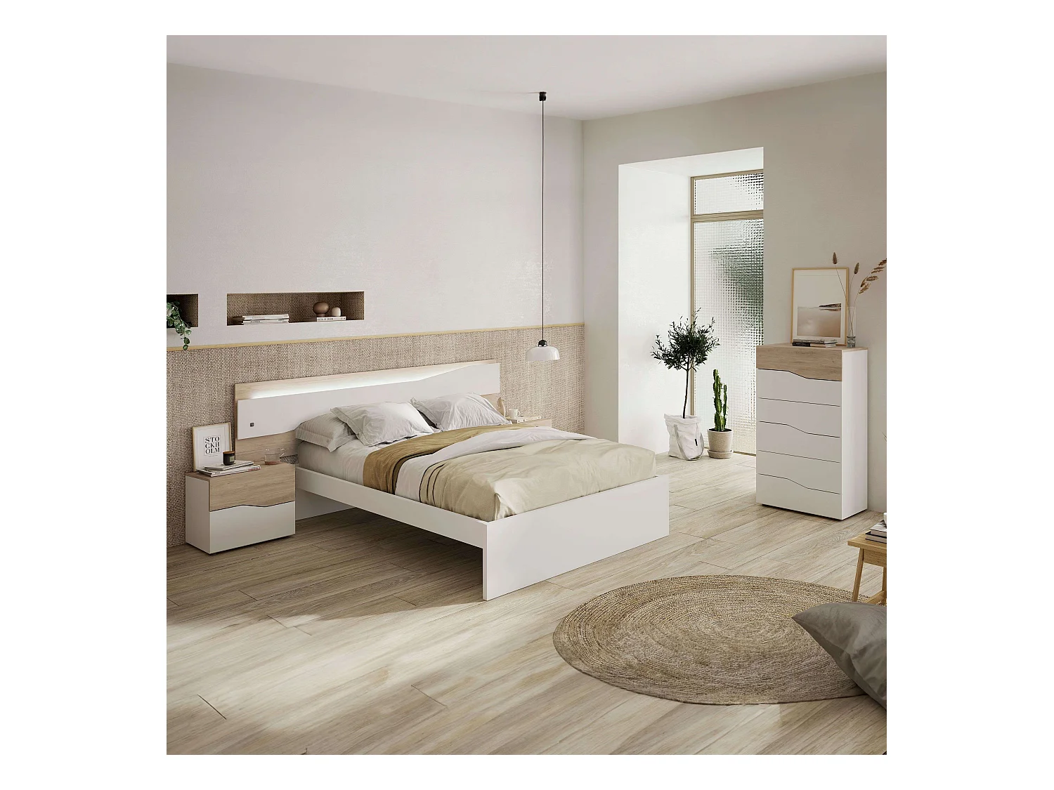 Pack Dormitorio Asimetric Blanco Robke Sahara: Cabecero, 2 Mesitas, Cómoda