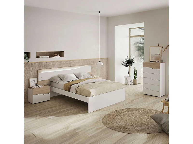 Pack Dormitorio Asimetric Blanco Robke Sahara: Cabecero, 2 Mesitas, Cómoda