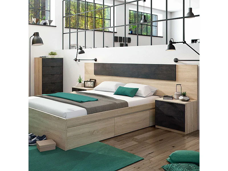 Pack Dormitorio Andy Cama + Cabecero + Mesitas + Cómoda Roble Canadian/Óxido