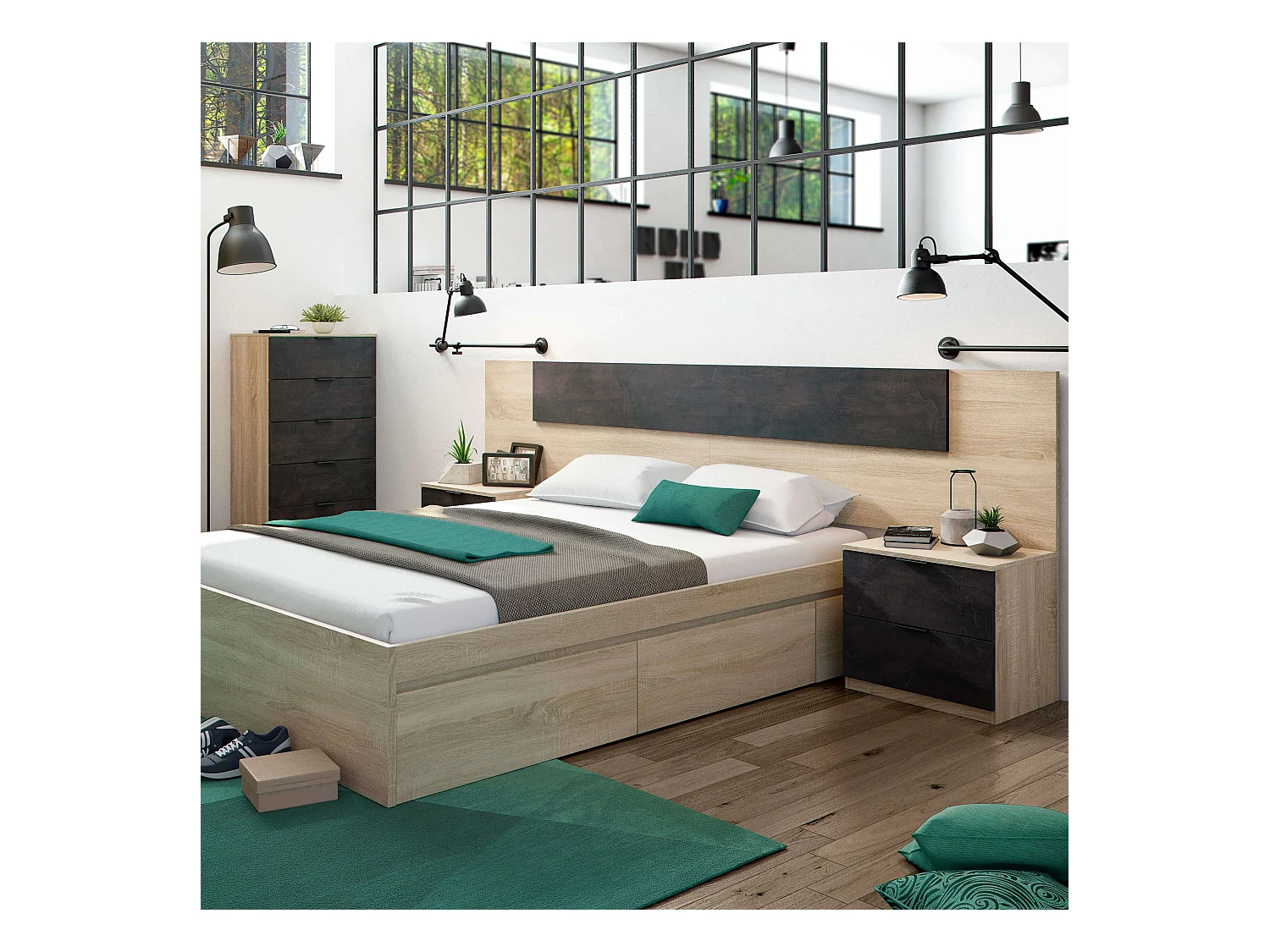 Pack Dormitorio Andy Cama + Cabecero + Mesitas + Cómoda Roble Canadian/Óxido