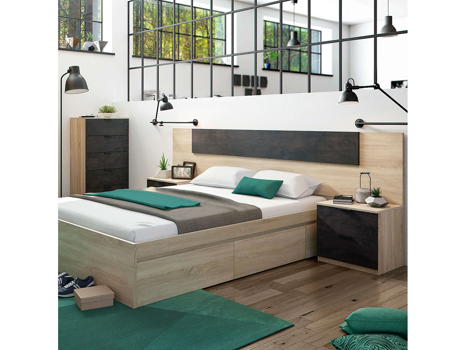 Pack Dormitorio Andy Cama + Cabecero + Mesitas + Cómoda Roble Canadian/Óxido