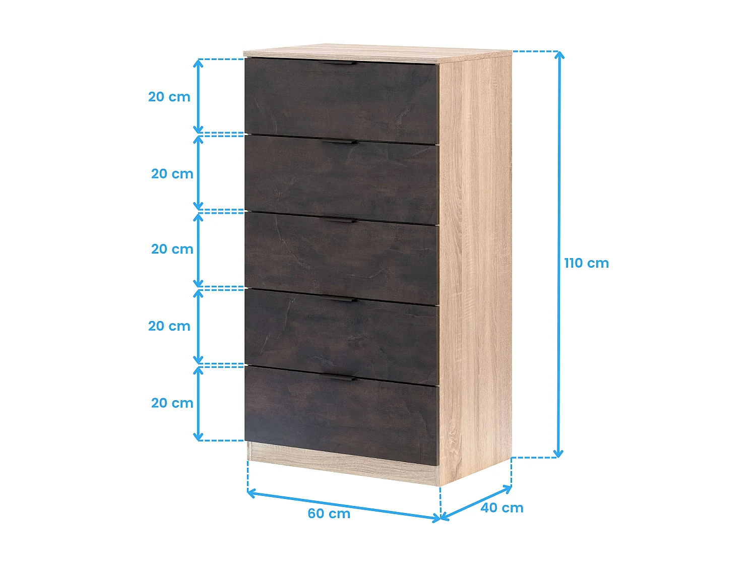Pack Dormitorio Andy Cama + Cabecero + Mesitas + Cómoda Roble Canadian/Óxido