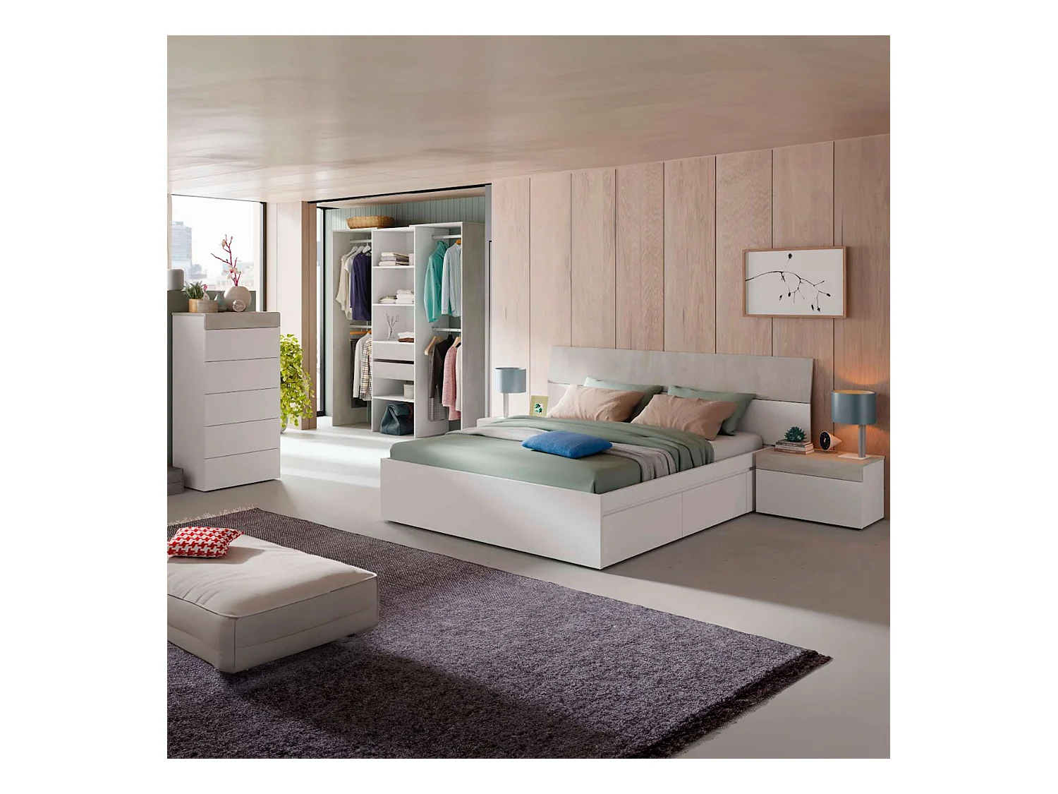 Pack muebles dormitorio cemento/blanco con vestidor