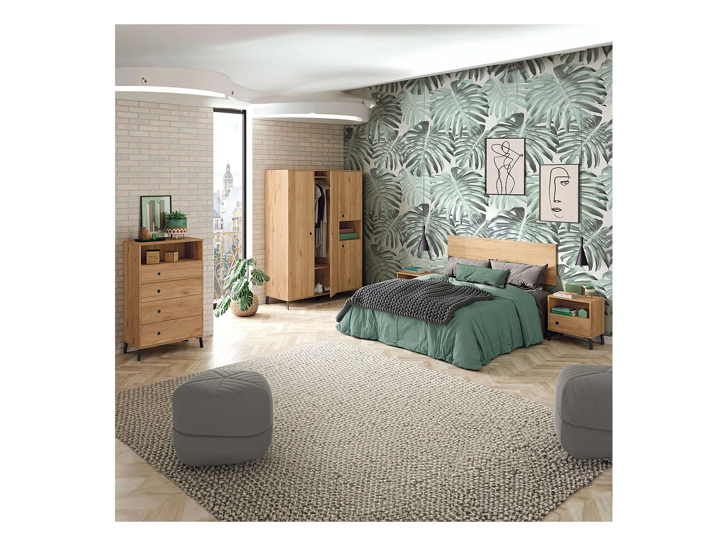 Pack Habitación Matrimonio Clim Industrial: Cabecero, 2 Mesitas, Armario, Cómoda