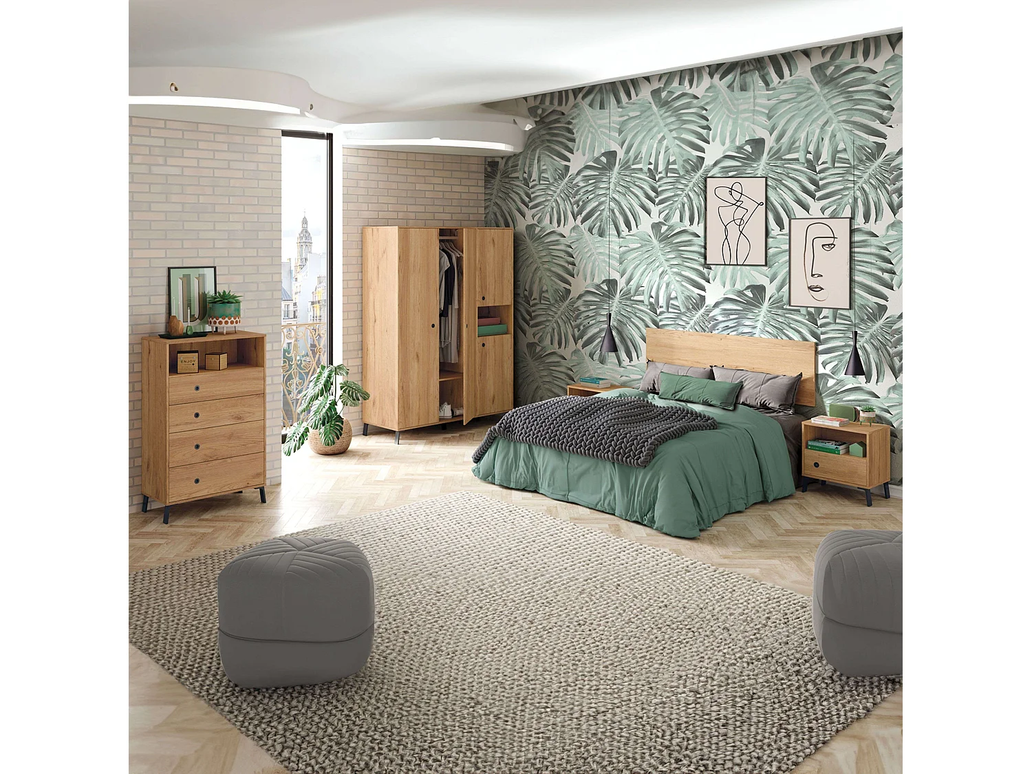 Pack Habitación Matrimonio Clim Industrial: Cabecero, 2 Mesitas, Armario, Cómoda