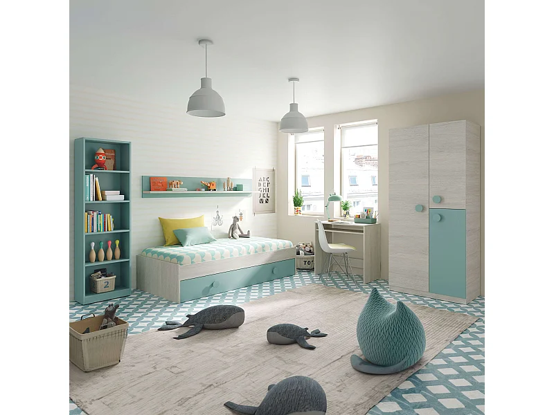 Dormitorio Completo Juvenil/Infantil Verde y Blanco c/Somier Incluido