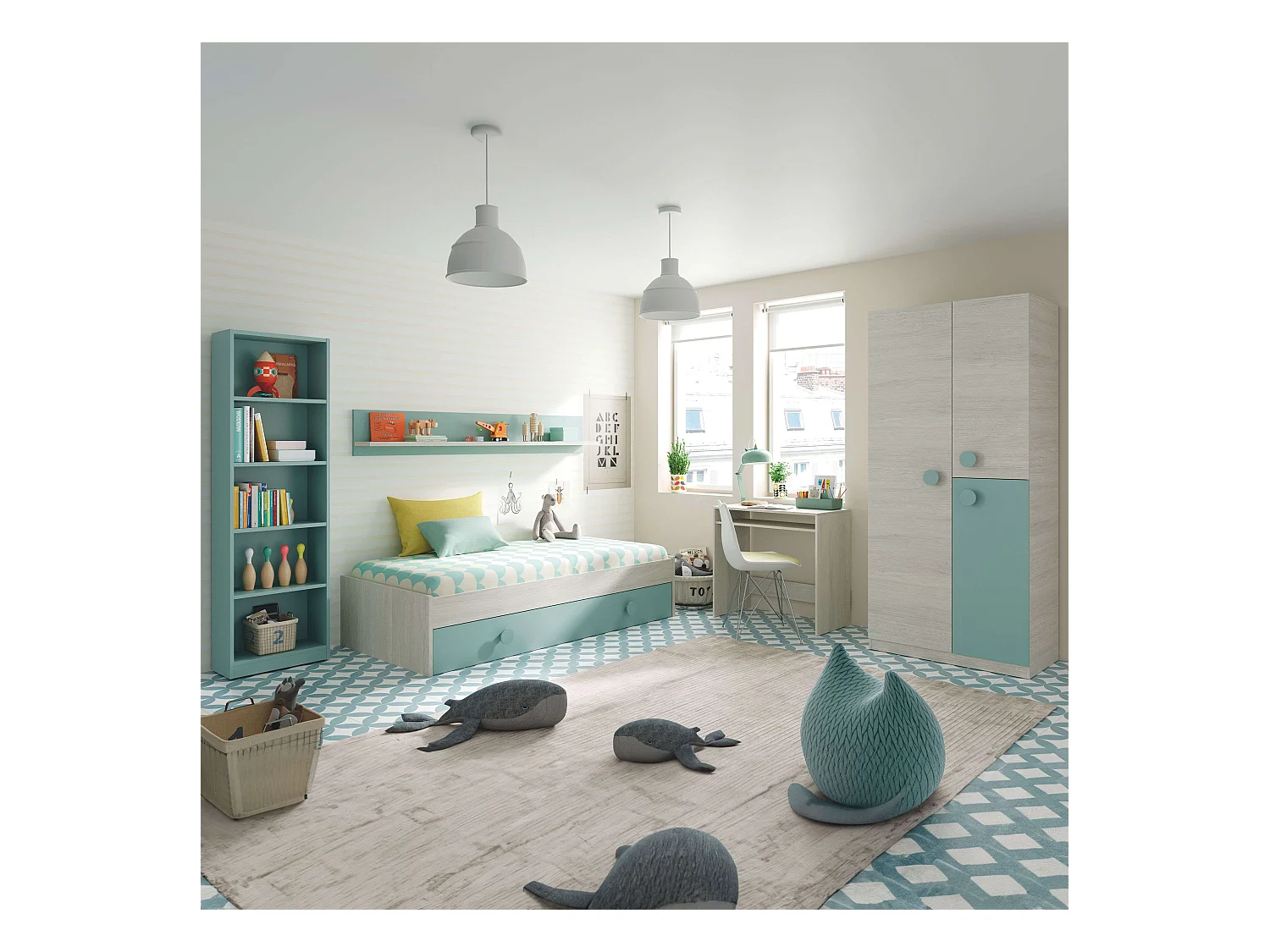 Dormitorio Completo Juvenil/Infantil Verde y Blanco c/Somier Incluido
