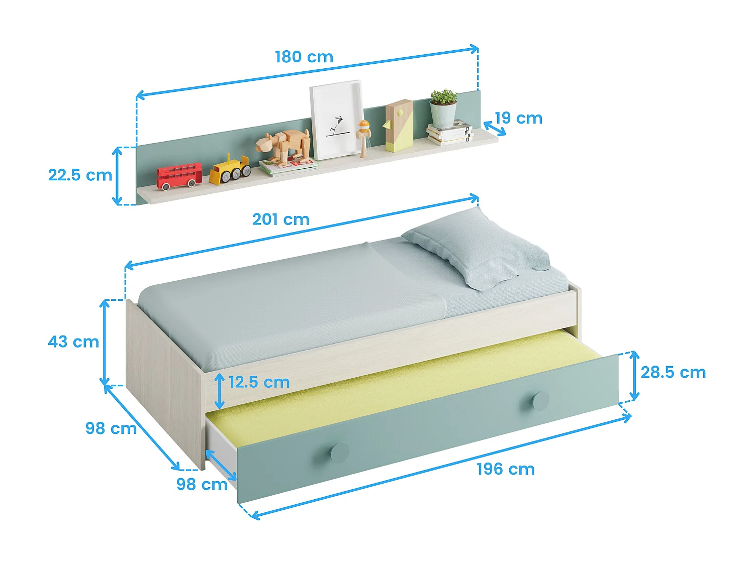 Dormitorio Completo Juvenil/Infantil Verde y Blanco c/Somier Incluido