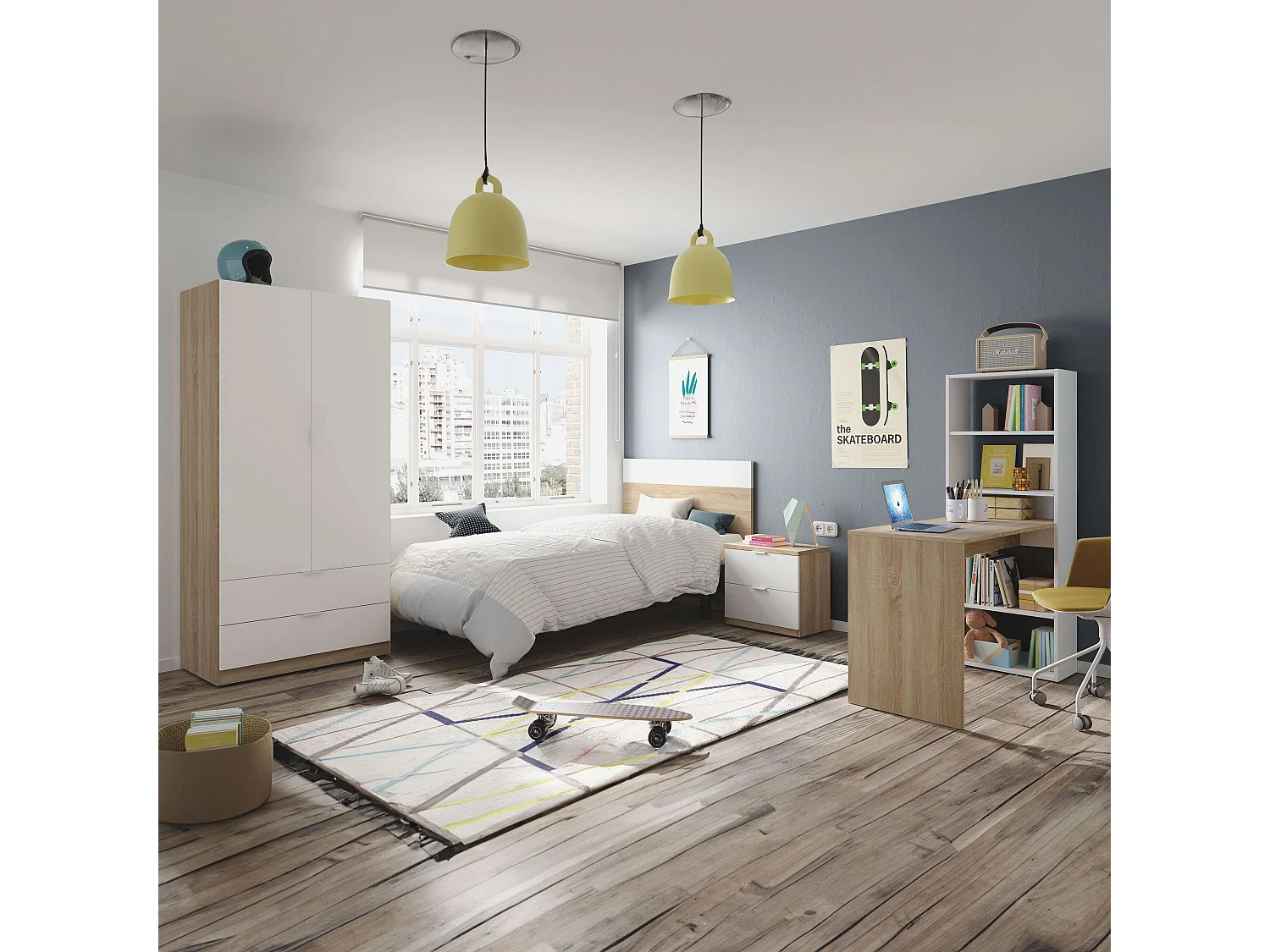 Pack Dormitorio Juvenil Luca Blanco/Roble: Armario, Cabecero, Mesita, Escritorio