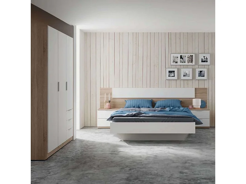 Pack Muebles Dormitorio Nórdico, Cama 150 cm (cabezal+2 Mesitas+armario)