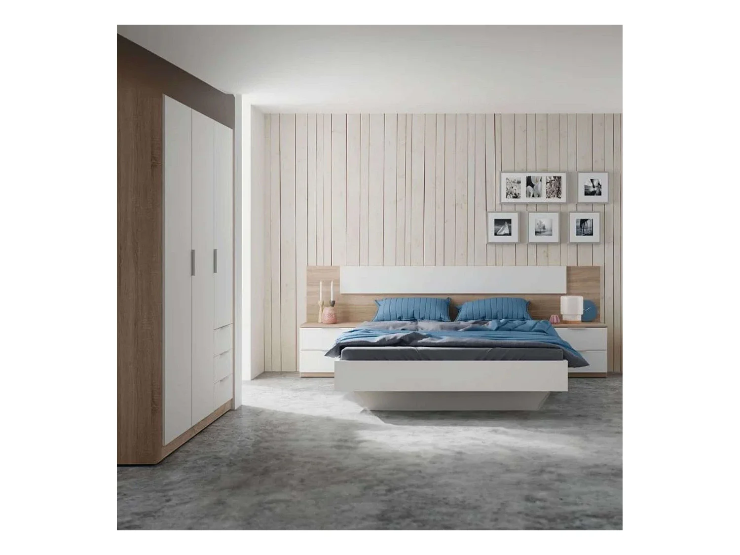 Pack Muebles Dormitorio Nórdico, Cama 150 cm (cabezal+2 Mesitas+armario)