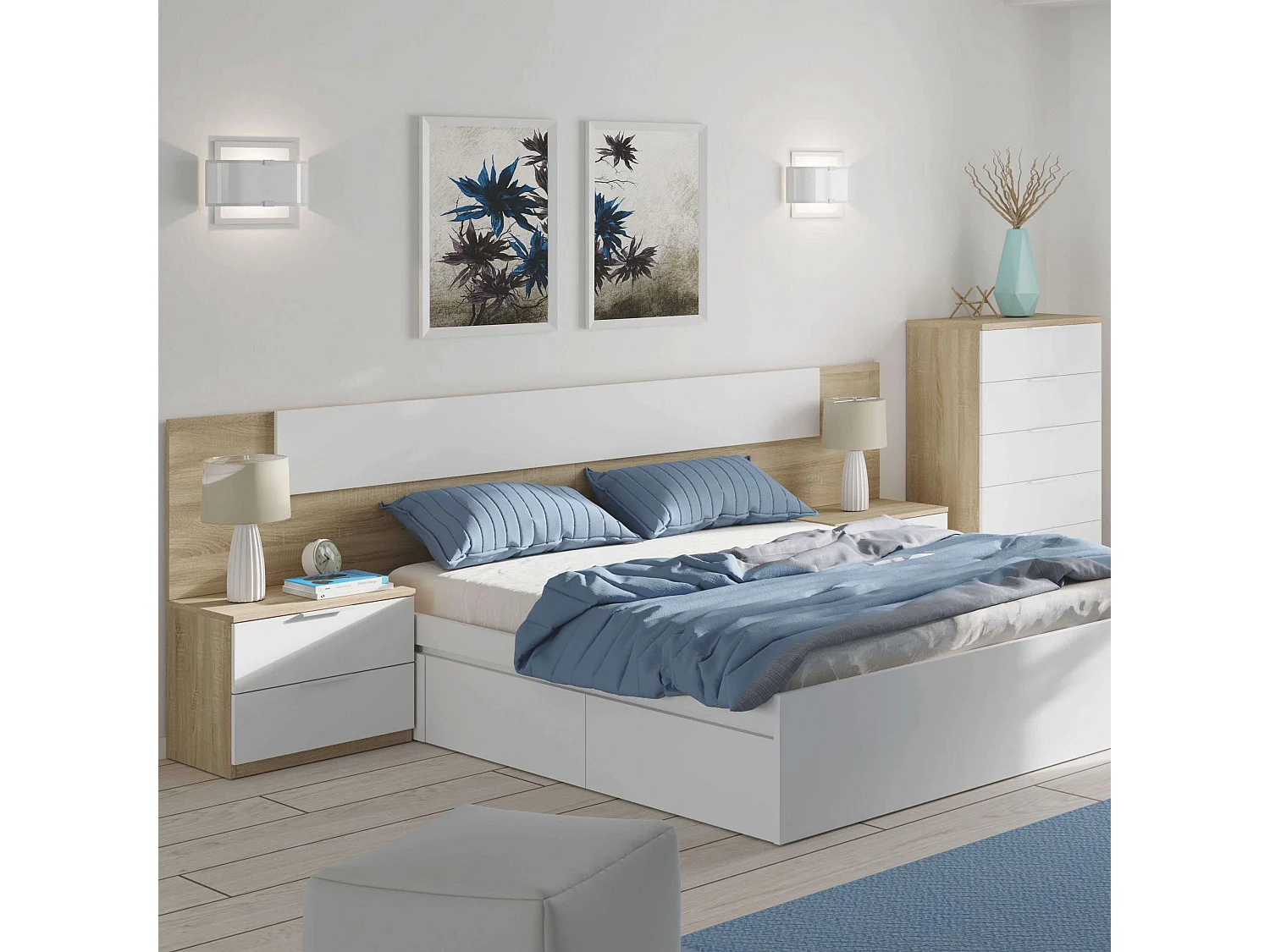 Pack Muebles Dormitorio Nórdico, Cama 150 cm (cabezal+2 Mesitas+armario)