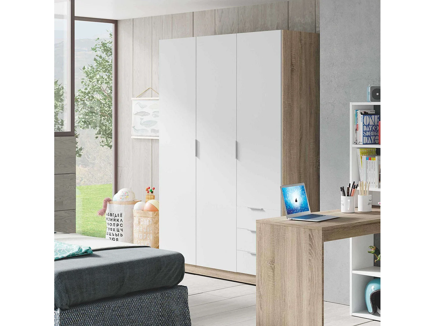 Pack Muebles Dormitorio Nórdico, Cama 150 cm (cabezal+2 Mesitas+armario)