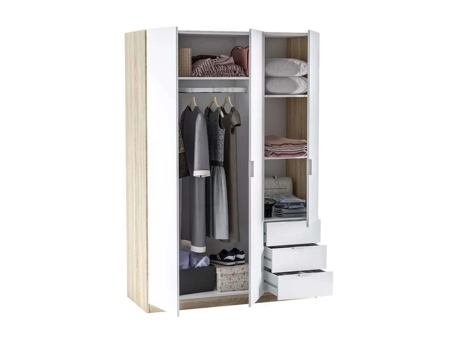 Pack Muebles Dormitorio Nórdico, Cama 150 cm (cabezal+2 Mesitas+armario)