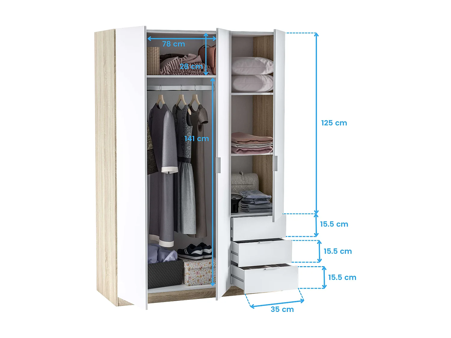 Pack Muebles Dormitorio Nórdico, Cama 150 cm (cabezal+2 Mesitas+armario)