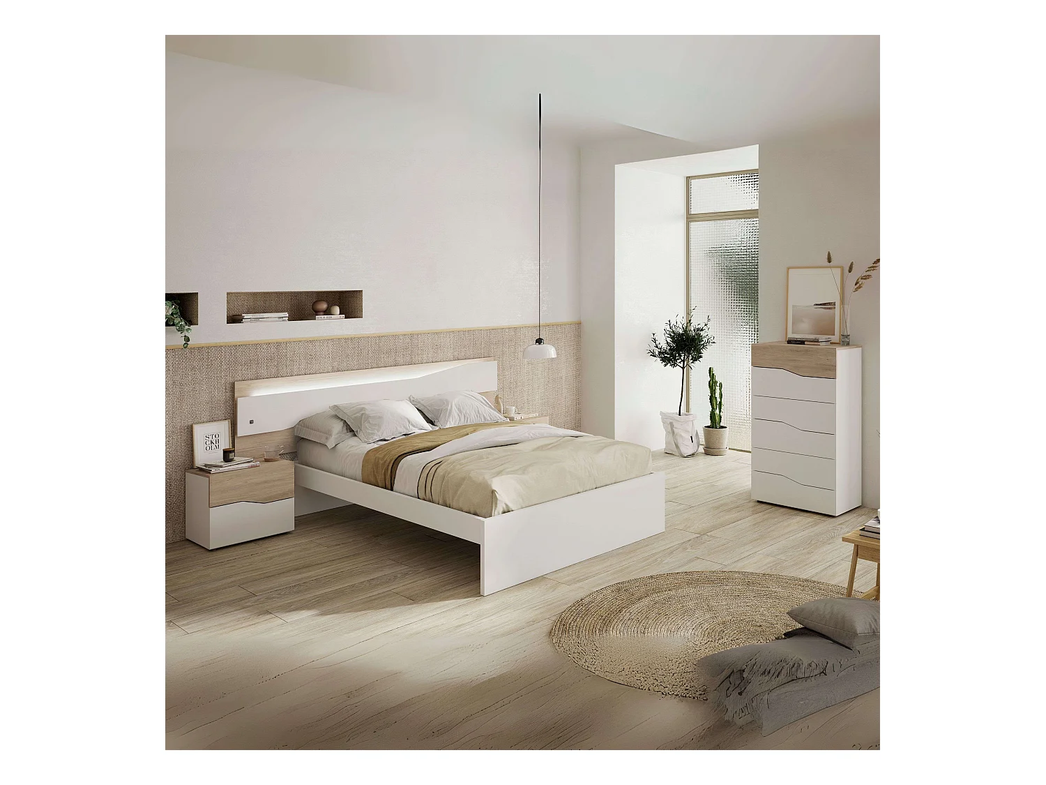Pack Muebles Dormitorio Asimetric Cabecero, 2 Mesitas, Cómoda Blanco/Roble