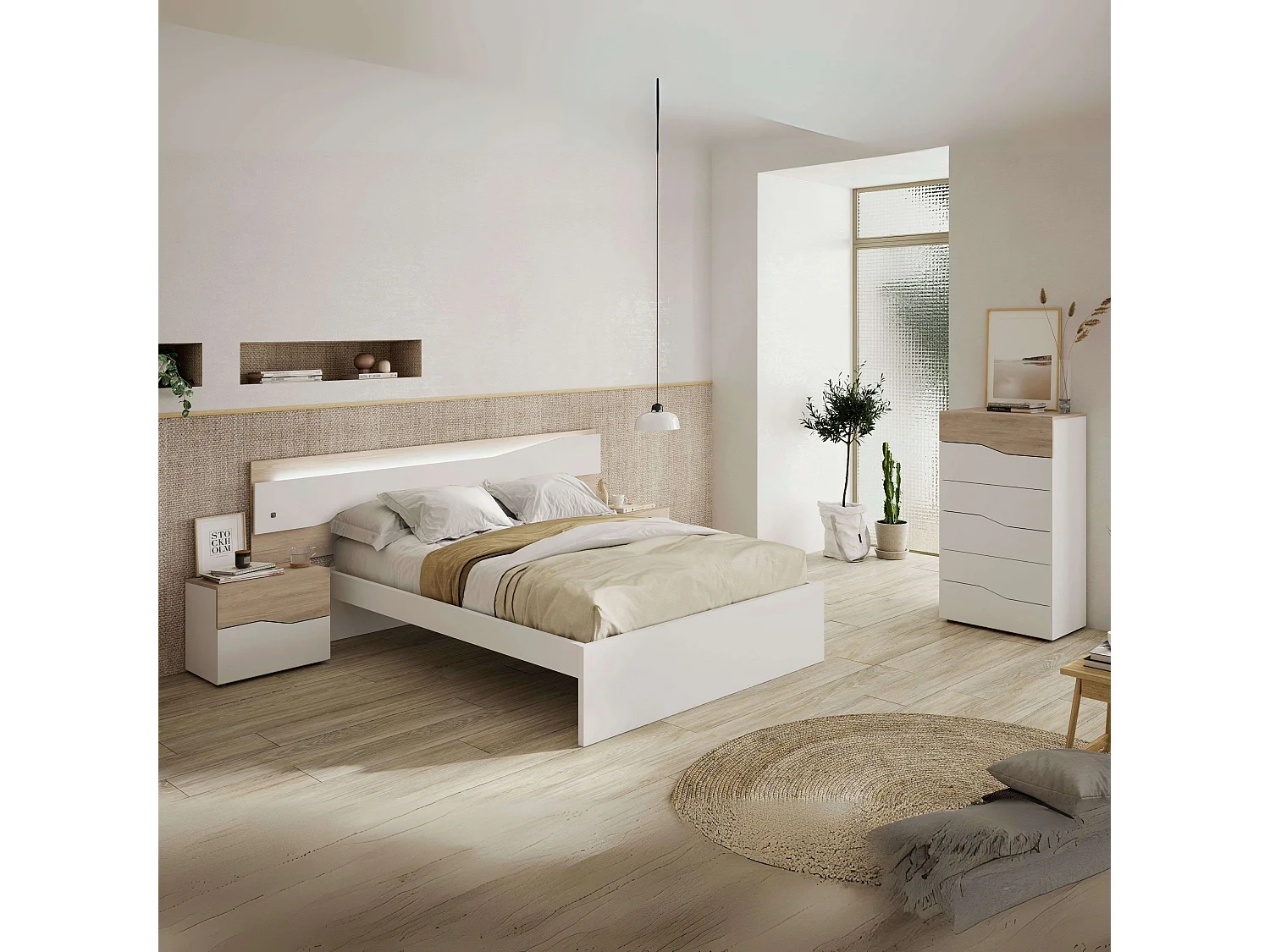 Pack Muebles Dormitorio Asimetric Cabecero, 2 Mesitas, Cómoda Blanco/Roble