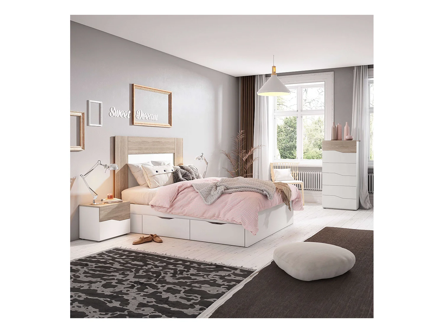 Pack muebles dormitorio c/ cómoda Blanco Sahara Estilo nórdico