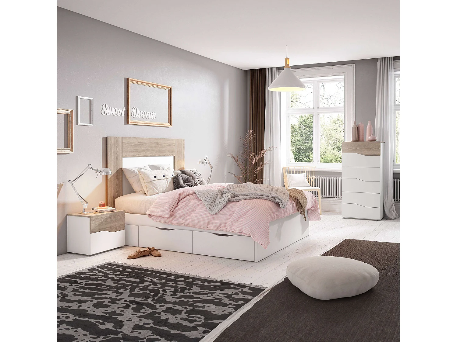 Pack muebles dormitorio c/ cómoda Blanco Sahara Estilo nórdico