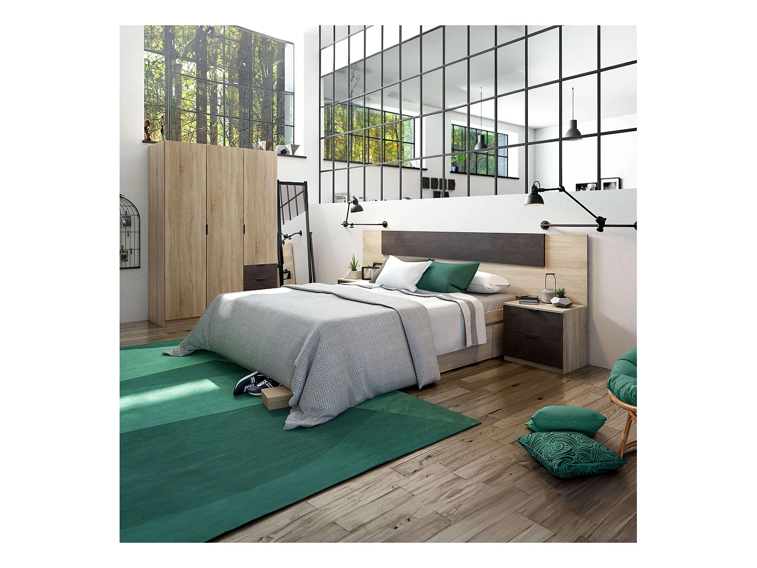 Pack Dormitorio Andy Cama, Cabecero, Mesitas, Cómoda, Armario Roble/Óxido