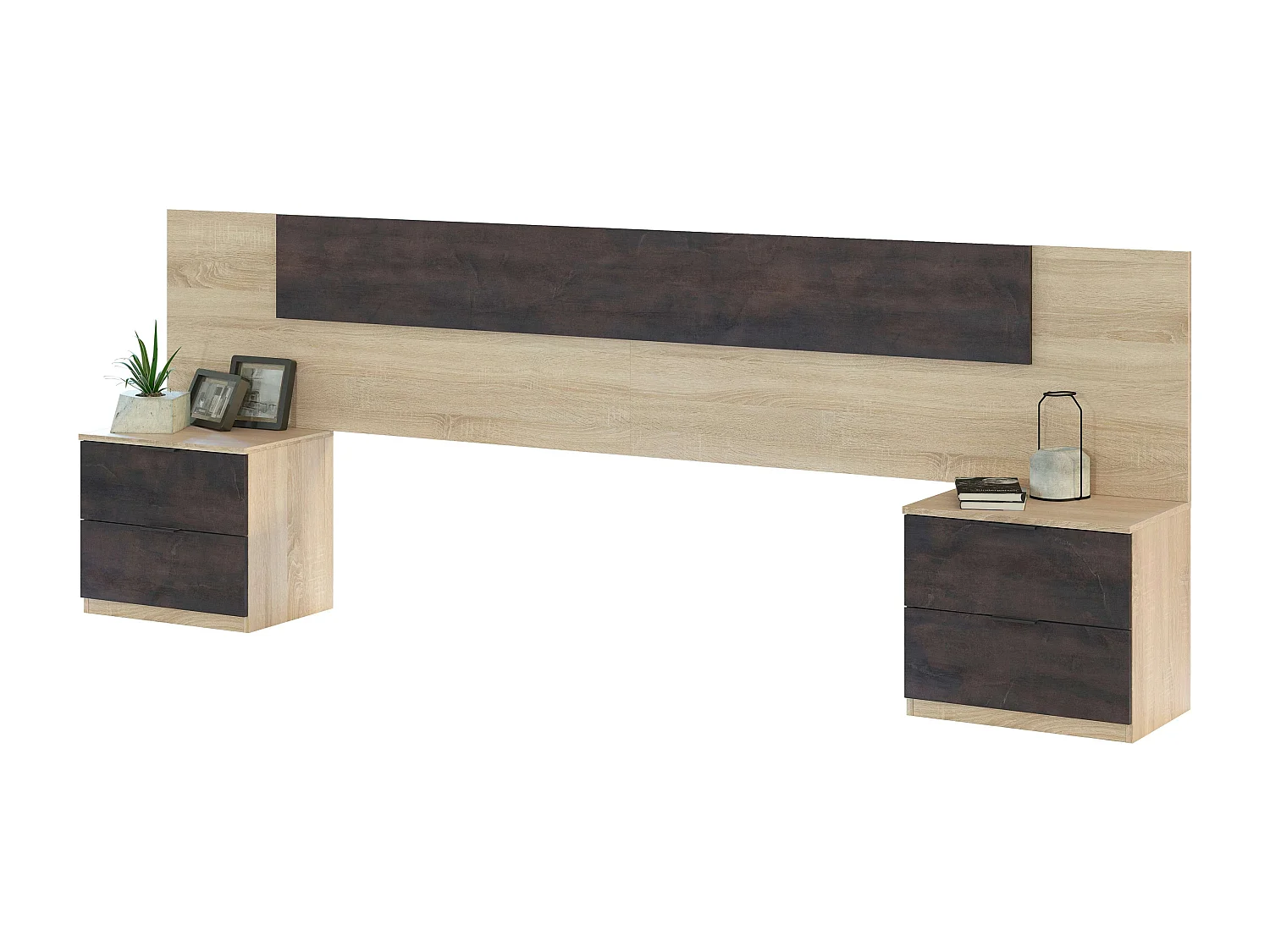 Pack Dormitorio Andy Cama, Cabecero, Mesitas, Cómoda, Armario Roble/Óxido