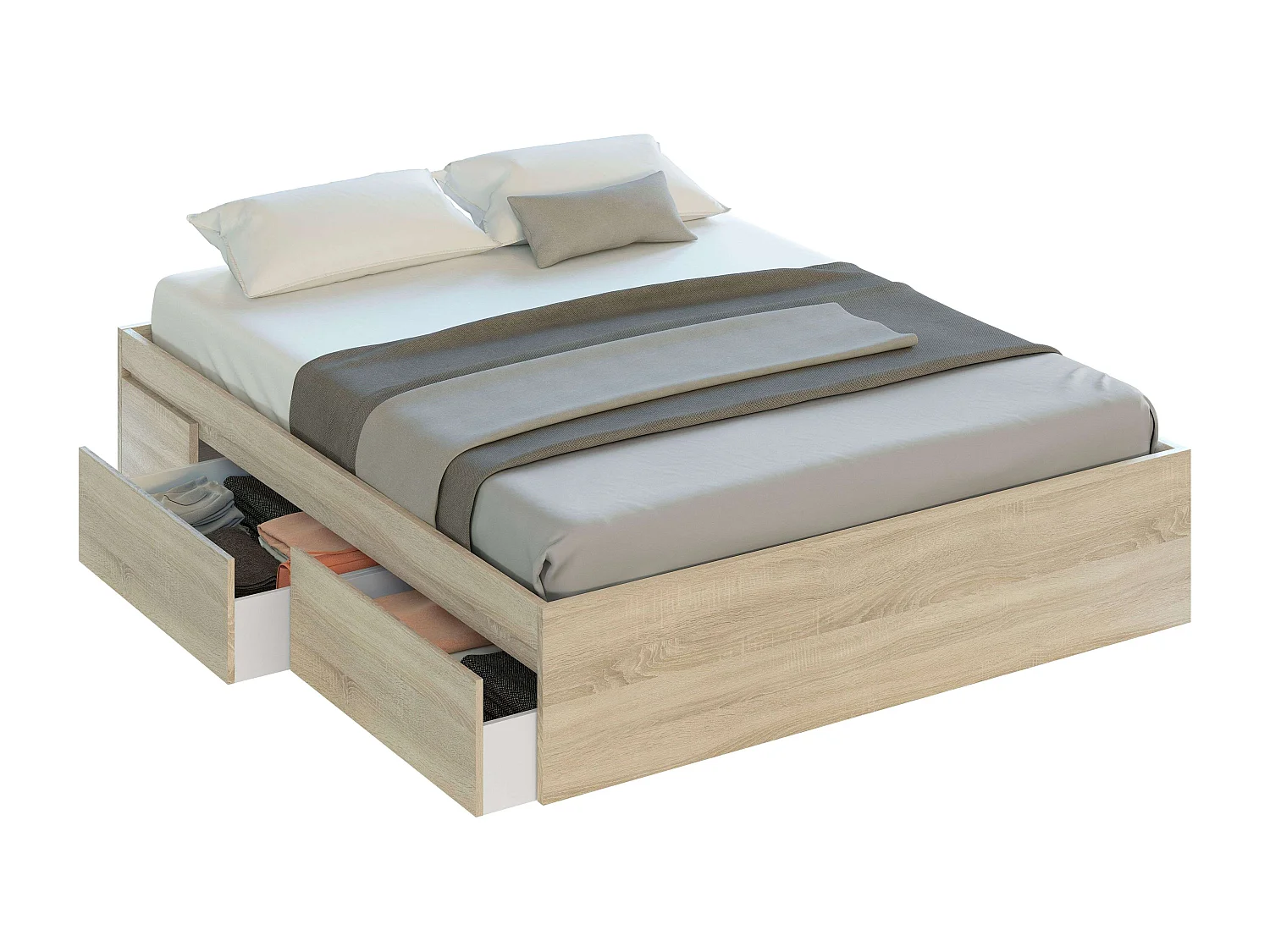 Pack Dormitorio Andy Cama, Cabecero, Mesitas, Cómoda, Armario Roble/Óxido