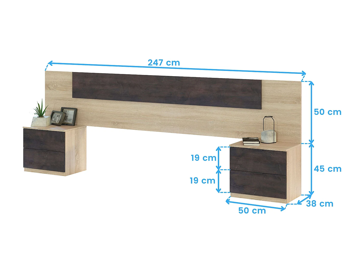Pack Dormitorio Andy Cama, Cabecero, Mesitas, Cómoda, Armario Roble/Óxido