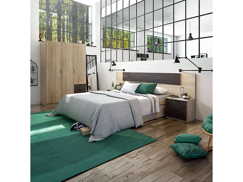 Pack Dormitorio Andy Cama, Cabecero, Mesitas, Cómoda, Armario Roble/Óxido