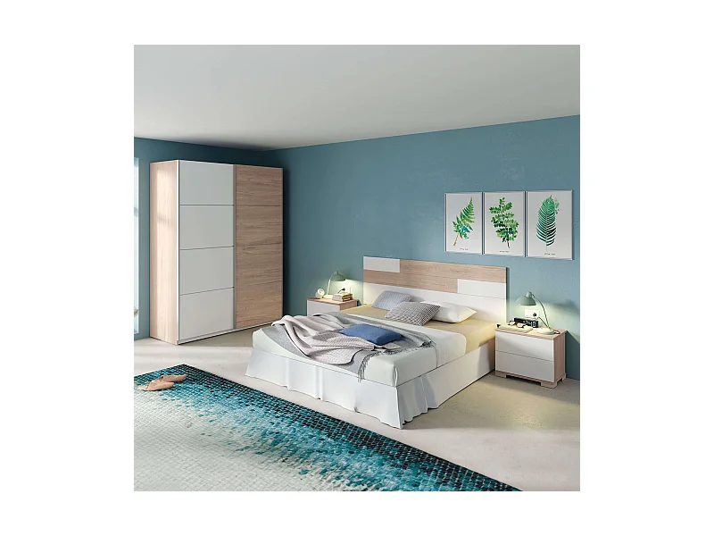 Pack Habitación Onix Blanco/Roble: Cama 150 cm, cabecero, mesitas, armario