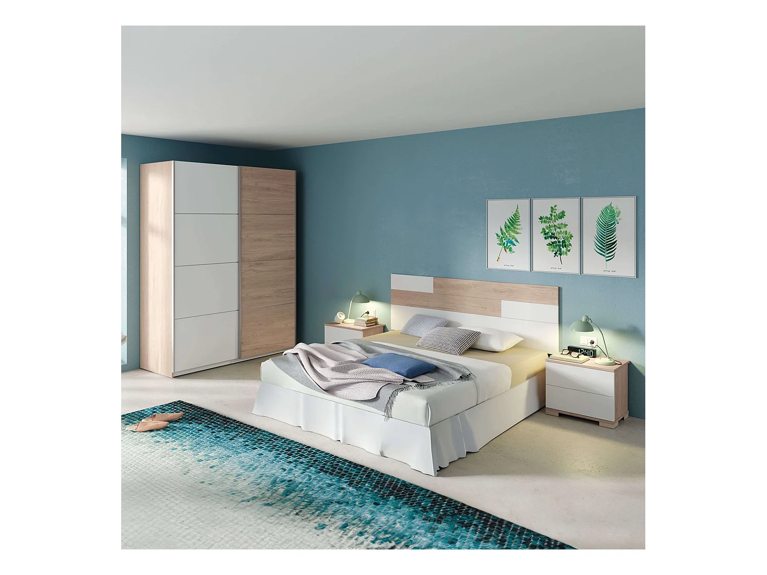 Pack Habitación Onix Blanco/Roble: Cama 150 cm, cabecero, mesitas, armario