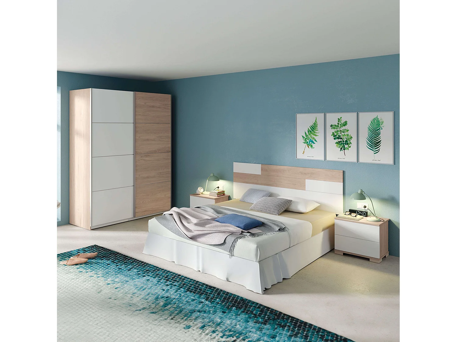 Pack Habitación Onix Blanco/Roble: Cama 150 cm, cabecero, mesitas, armario