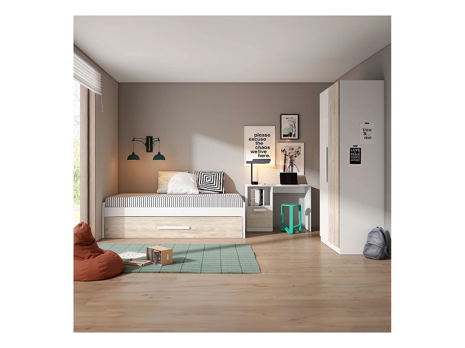 Pack Muebles Juveniles Habitación Estelle Modernos Blanco y Roble Sahara
