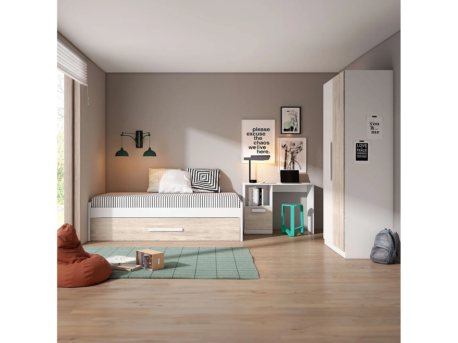 Pack Muebles Juveniles Habitación Estelle Modernos Blanco y Roble Sahara