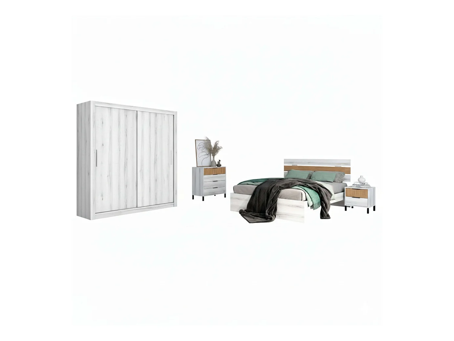 Dormitorio Cama Matrimonio, Cabecero, 2 Mesitas, Cómoda, Armario Blanco/Roble
