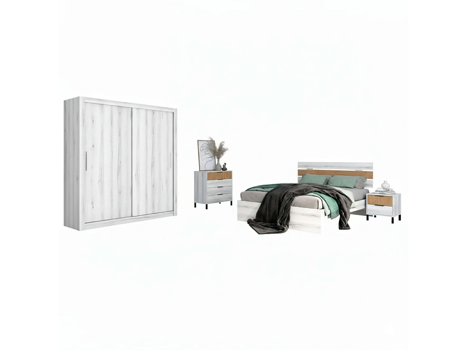 Dormitorio Cama Matrimonio, Cabecero, 2 Mesitas, Cómoda, Armario Blanco/Roble