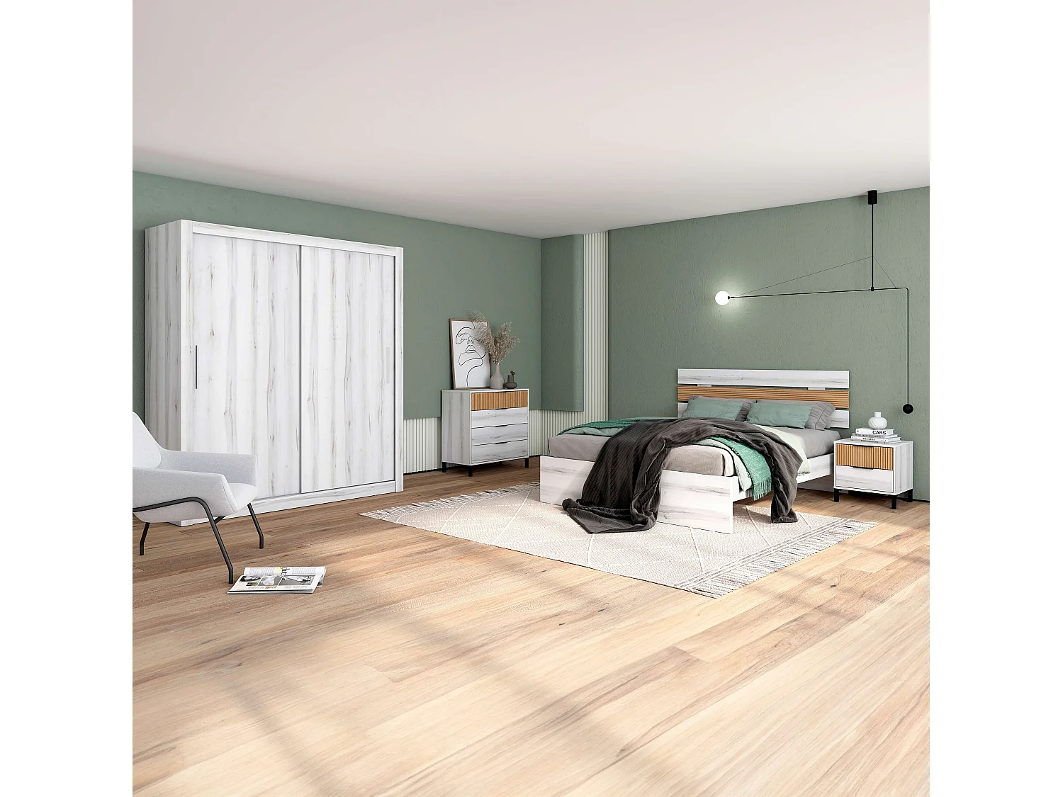 Dormitorio Cama Matrimonio, Cabecero, 2 Mesitas, Cómoda, Armario Blanco/Roble