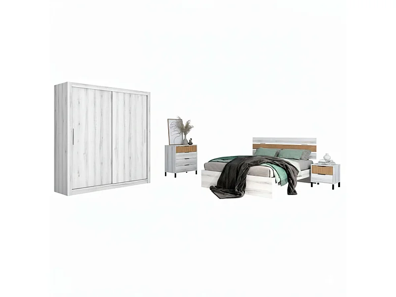 Dormitorio Cama Matrimonio, Cabecero, 2 Mesitas, Cómoda, Armario Blanco/Roble